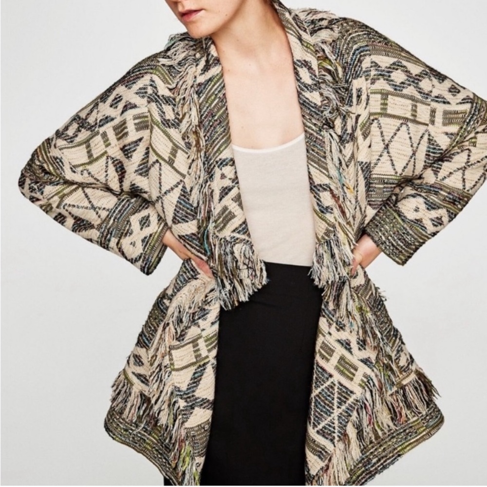 ZARA boho oversized fringe tribal open coat jacket